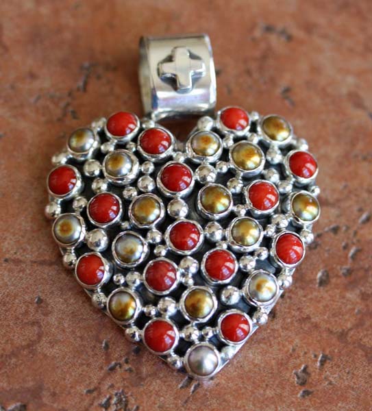 Nakai Navajo Silver Pearl Coral Heart Pendant