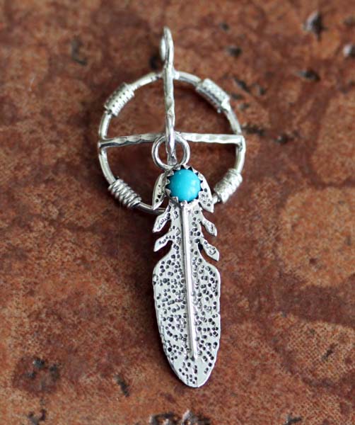 Navajo Sterling Silver Turquoise Medicine Wheel Pendant