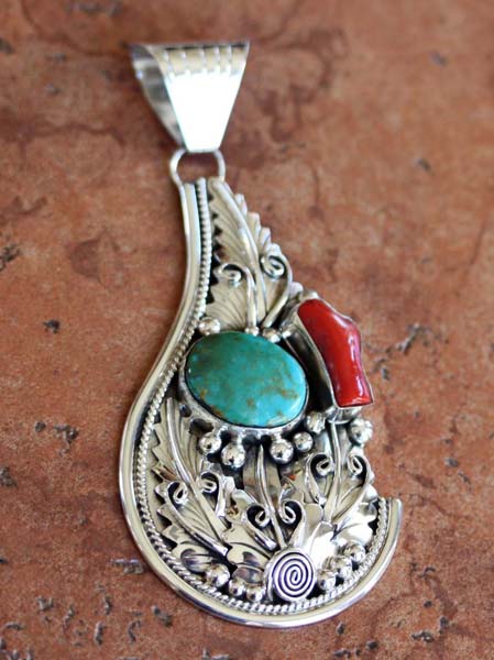 Navajo Silver Turquoise Coral Pendant