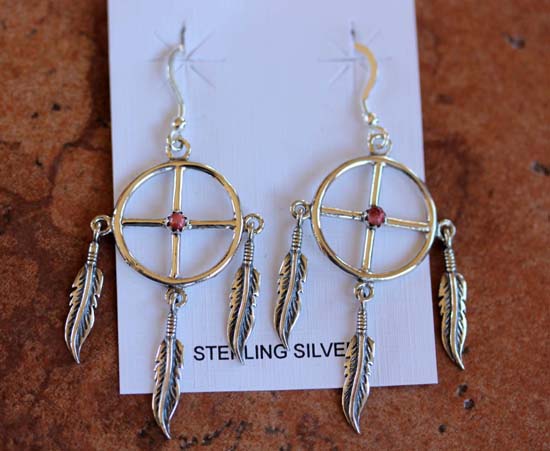 Navajo Sterling Silver Coral Medicine Wheel Earrings