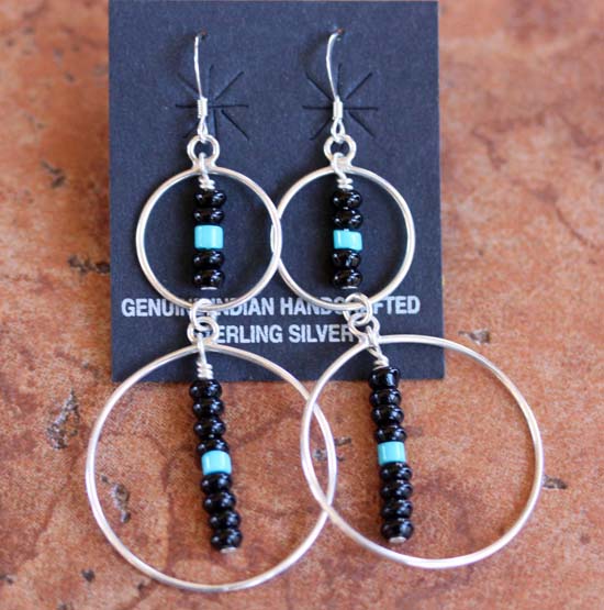 Navajo Silver Onyx Beaded Earrings