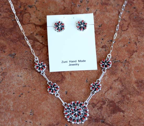 Zuni Coral Necklace and Earrings Set