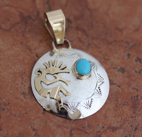 Navajo Sterling Gold Overlay Turquoise Kokopelli Pendant by Ray Jack