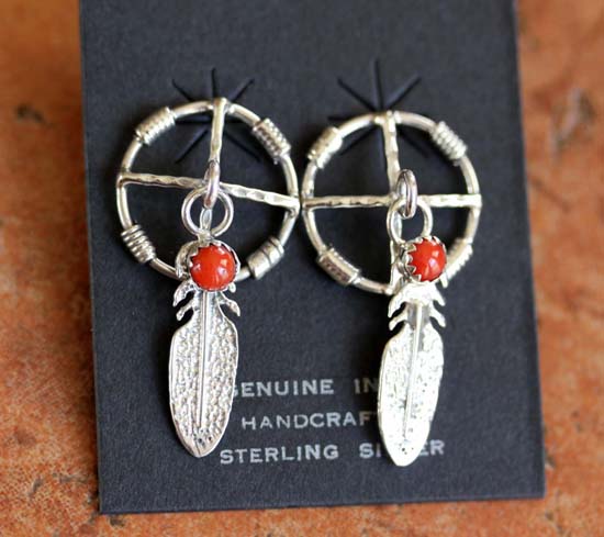 Navajo Sterling Silver Coral Medicine Wheel Earrings