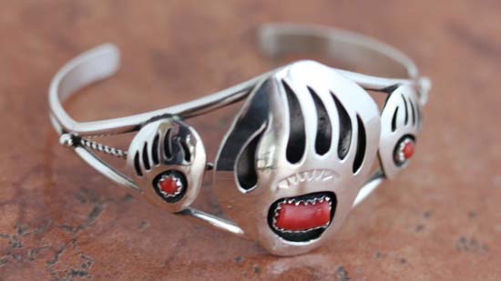 Navajo Sterling Silver Coral Bear Paw Bracelet