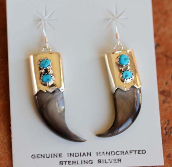 Navajo Silver Turquoise Bear Claw Earrings