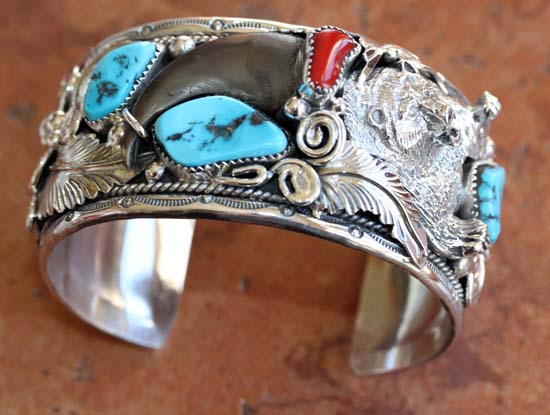 Navajo Silver Turquoise Coral Bear Claw Bracelet