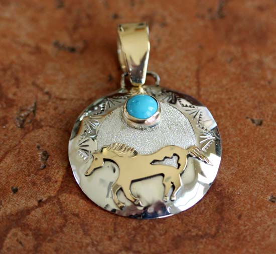 Navajo Sterling Gold Overlay Turquoise Horse Pendant by Ray Jack