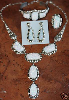 Navajo Silver Created Opal Necklace Set by Clem Nalwood