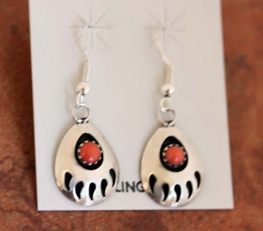 Navajo Silver Coral Bear Paw Earrings