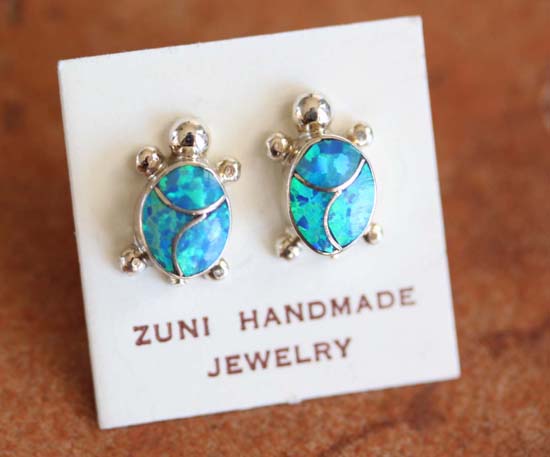 Zuni Silver Created Opal Turtle Earrings