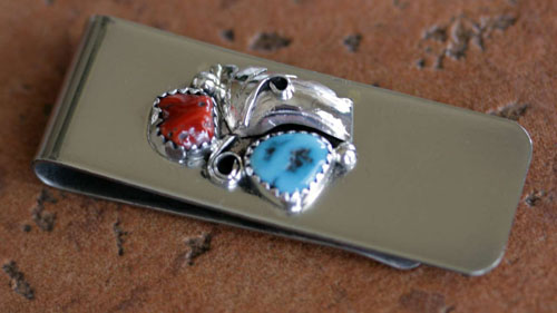 Navajo Native American Turquoise Coral Money Clip