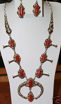 Navajo Silver Coral Necklace w/ Earrings_ Clem Nalwood