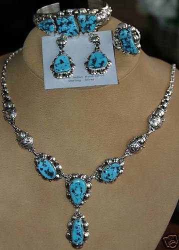 Navajo Sterling Turquoise Necklace Set by Clem Nalwood