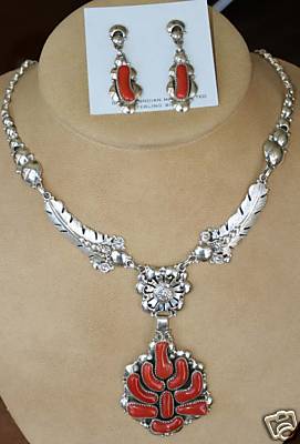 Navajo Silver Coral Necklace w/ Earrings_ Clem Nalwood