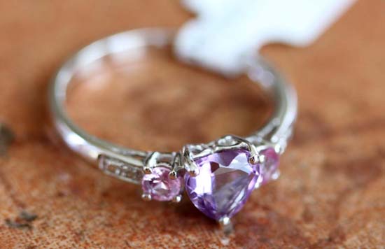 10K White Gold Amethyst Pink Topaz Diamond Heart Ring Size 7