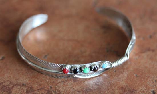 Navajo Sterling Silver Multi_Stone Feather Bracelet