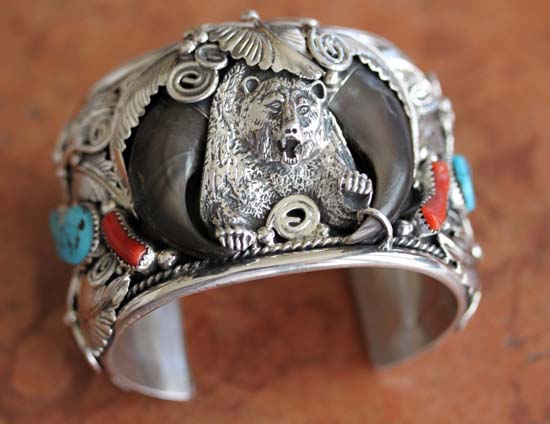 Navajo Silver Turquoise Coral Bear Claw Bracelet