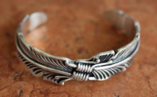 Heavy Navajo Sterling Silver Feather Bracelet