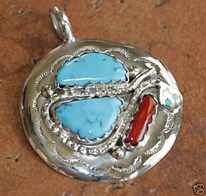 Zuni Silver Turquoise Coral Pendant by Effie Calavaza