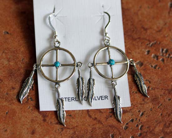 Navajo Sterling Silver Turquoise Medicine Wheel Earrings