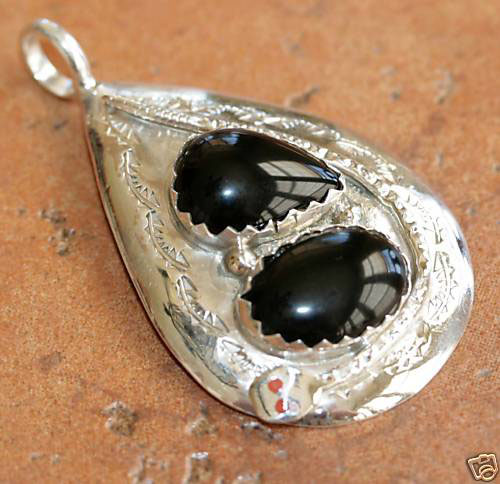 Zuni Silver Onyx Coral Pendant by Effie Calavaza