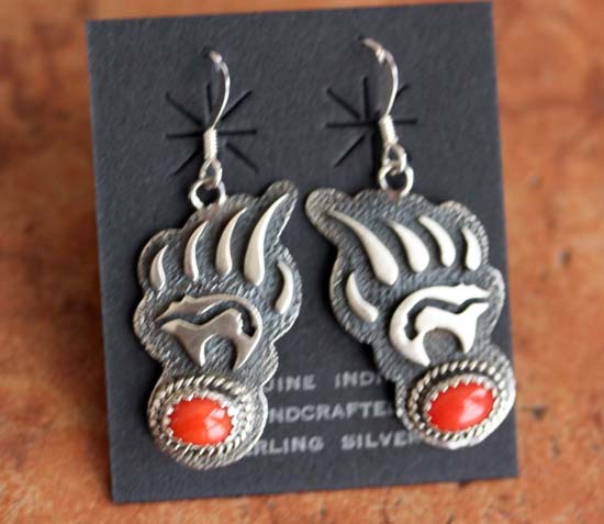 Navajo Coral Bear Paw Earrings