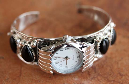 Navajo Silver Onyx Watch Bracelet