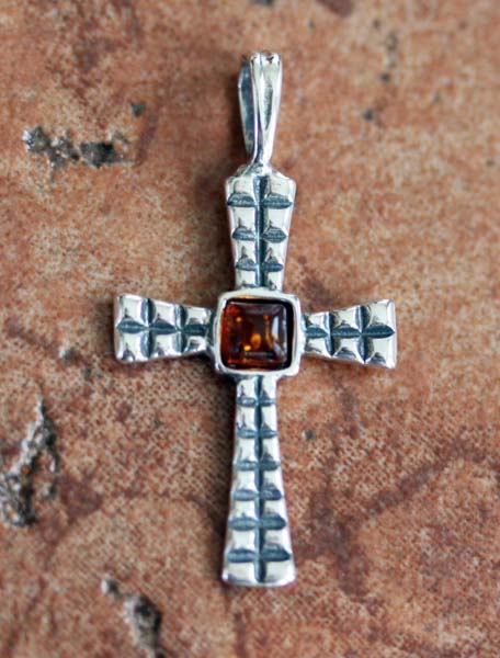 Handmade Sterling Silver Baltic Amber Cross Pendant