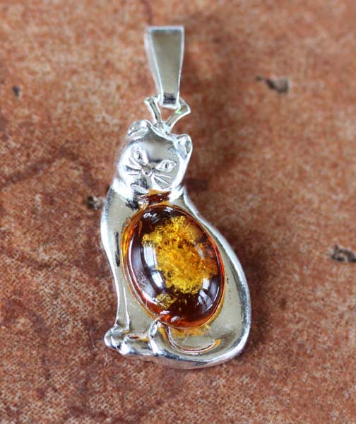 Handmade Sterling Silver Baltic Amber Cat Pendant