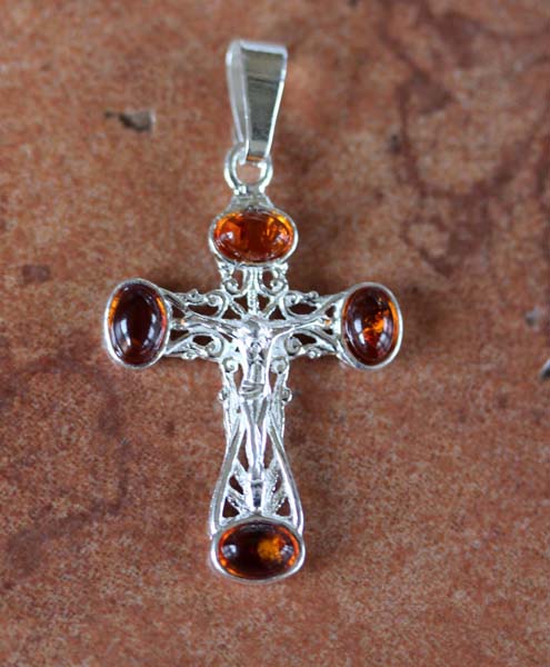 Handmade Sterling Silver Baltic Amber Cross Pendant