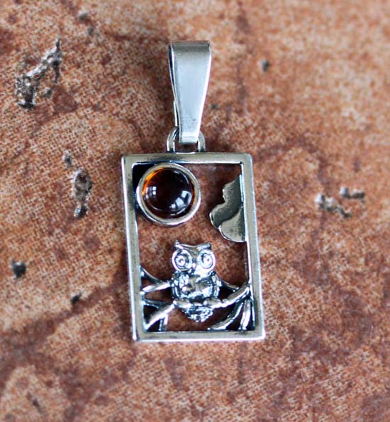 Handmade Sterling Silver Baltic Amber Owl Pendant