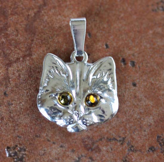Handmade Sterling Silver Baltic Amber Cat Pendant