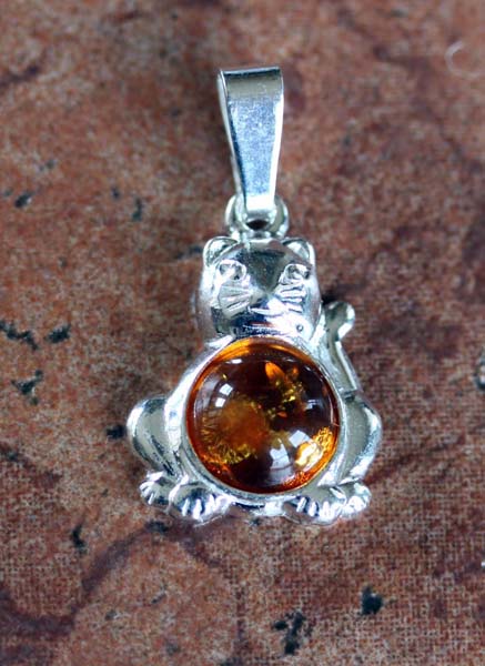 Handmade Sterling Silver Baltic Amber Cat Pendant