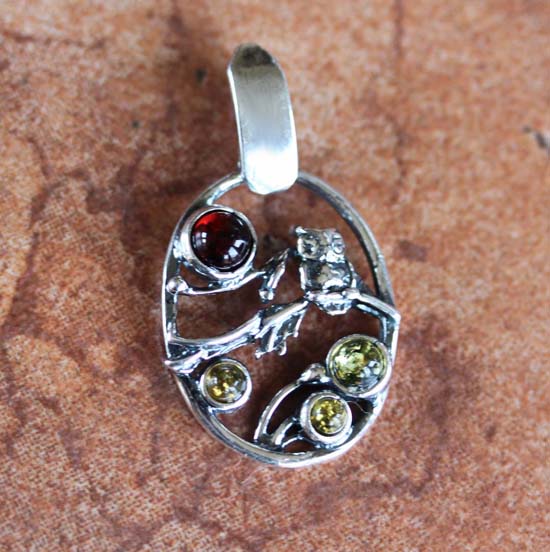 Handmade Sterling Silver Baltic Amber Owl Pendant