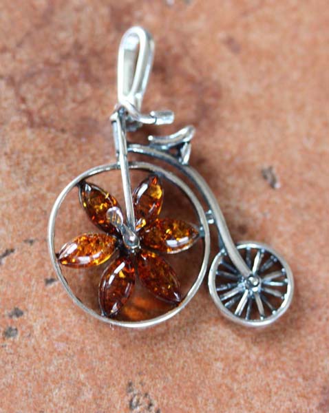 Handmade Sterling Silver Baltic Amber Bicycle Pendant