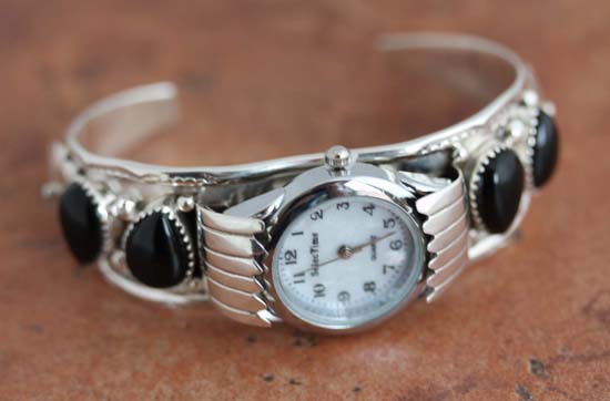 Navajo Silver Onyx Watch Bracelet