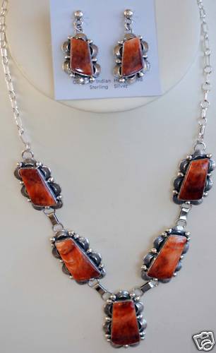 Navajo Spiny Oyster Necklace Earrings Set by M Spencer