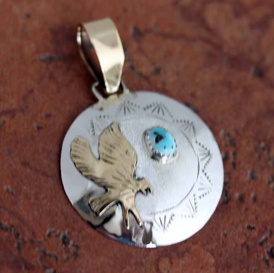 Navajo Sterling Gold Overlay Turquoise Eagle Pendant by Ray Jack