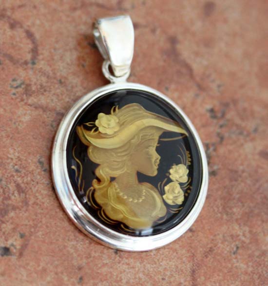 Sterling Silver Baltic Amber Hand Carved Cameo Pendant