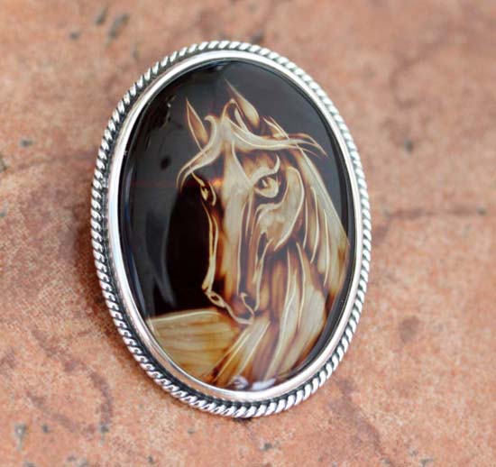 Silver Baltic Amber Hand Carved Cameo Horse Pin/Pendant