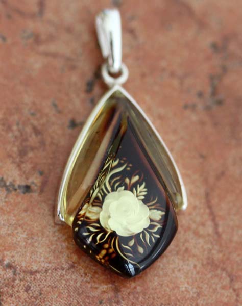 Sterling Silver Baltic Amber Hand Carved Cameo Floral Pendant
