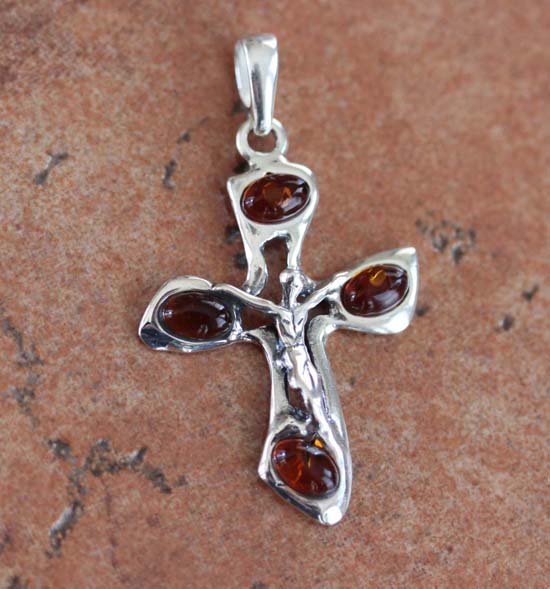 Handmade Sterling Silver Baltic Amber Cross Pendant