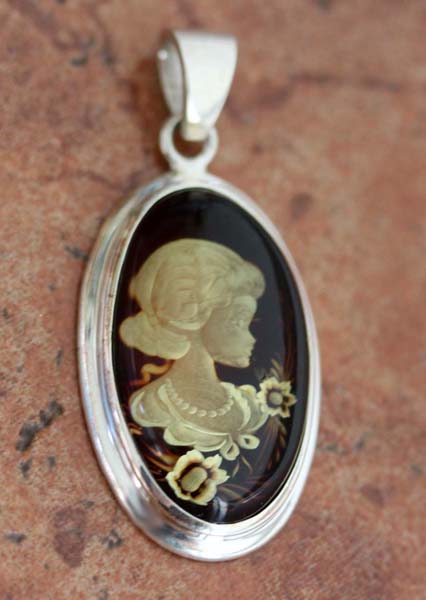 Sterling Silver Baltic Amber Hand Carved Cameo Pendant