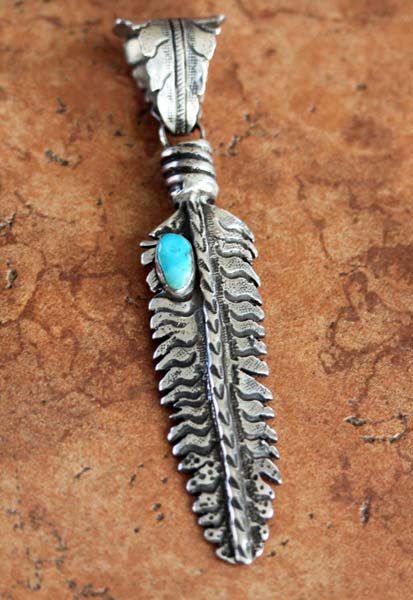 Navajo Sterling Silver Turquoise Feather Pendant