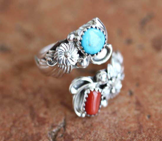 Navajo Silver Turquoise Coral Ring Size 6_9