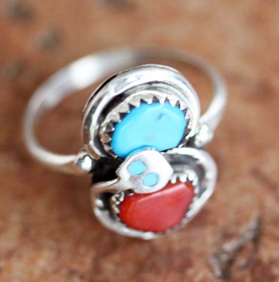 Signed Zuni Turquoise Coral Ring Size 6 1/2 by Effie C