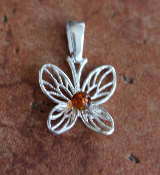Handmade Sterling Silver Baltic Amber Butterfly Pendant