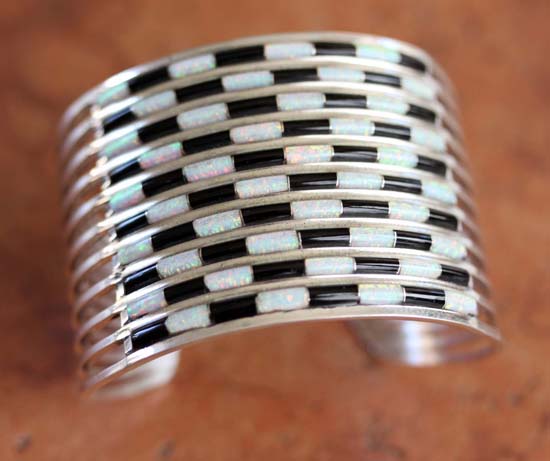 Zuni Sterling Silver Onyx Created Opal Bracelet by AL Wallace