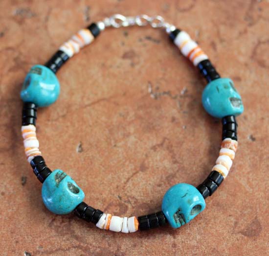 Navajo Silver Beaded Nugget Skull Bracelet